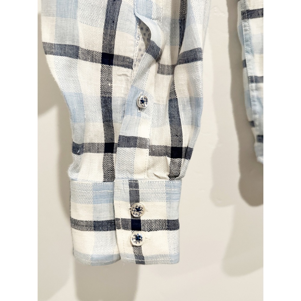 Bugatchi Shaped Fit Blue Plaid Linen Button Down Size XL - Picture 7 of 9